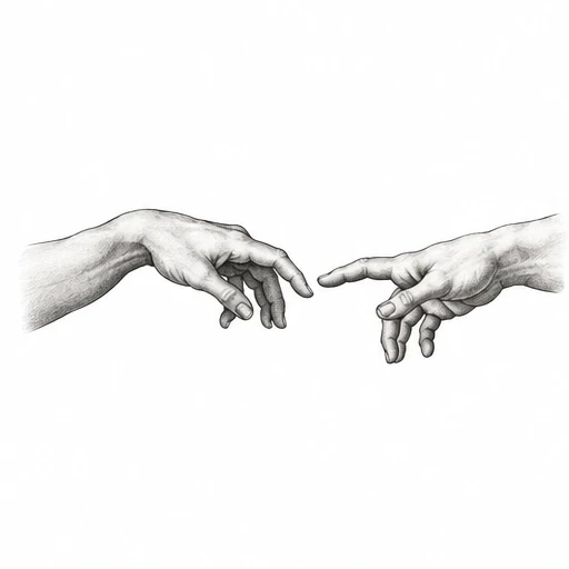 Black and white drawing of two hands nearly touching, detailed shading and texture
