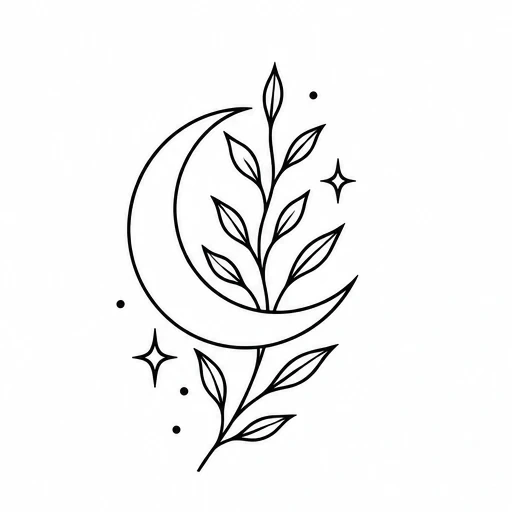 Line drawing of a crescent moon entwined with a branch of leaves, with small stars and dots around it.