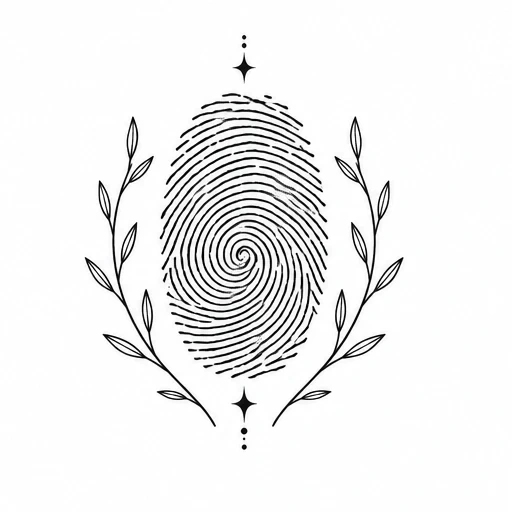 Black fingerprint centered with symmetrical leafy branches and star details above and below