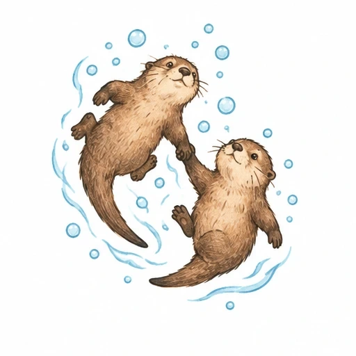 Watercolor-style tattoo of two otters holding paws underwater with bubbles around