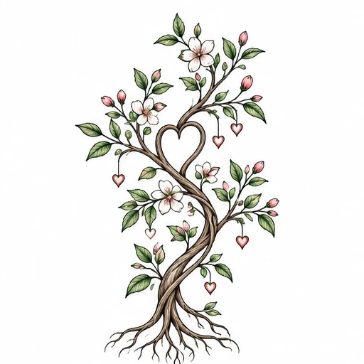 Tattoo design of intertwined tree trunks forming a heart with pink blossoms, green leaves, and hanging heart charms