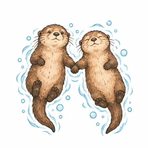 Illustration of two cute otters holding hands while floating in water with blue bubbles around them