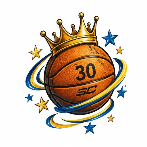 Basketball with number 30 and SC logo wearing a golden crown surrounded by blue and yellow swirling rings and stars.