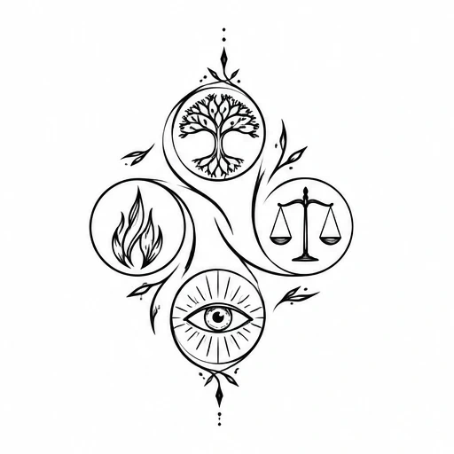 Black line tattoo of tree, flames, scales, and eye symbols in connected circles with leaf and dot accents