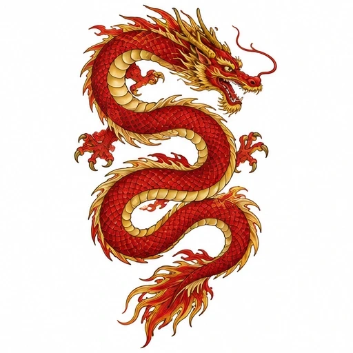 Traditional Asian dragon tattoo design in red and gold with flowing body and fierce expression