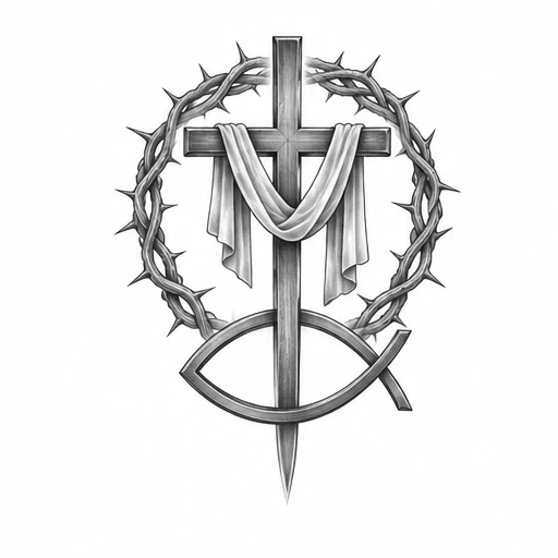 Black and gray tattoo design of a wooden cross with cloth draped over it, surrounded by a crown of thorns and an ichthys fish symbol at the base.
