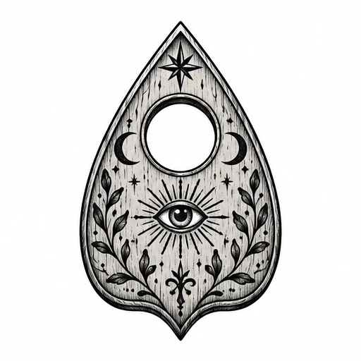 Wooden planchette with central illuminated eye, crescent moons, stars, and vines in black ink illustration.