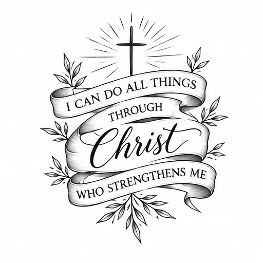 Black and white tattoo design of a cross with radiant lines above a flowing ribbon banner inscribed with Philippians 4:13, surrounded by leafy branches.