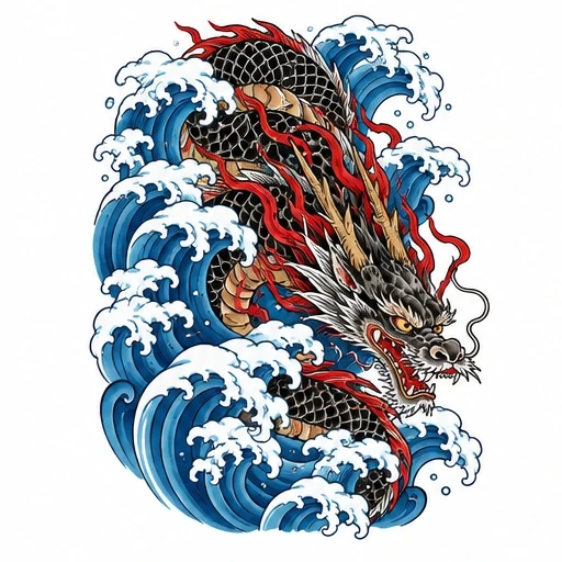 Black and red Japanese dragon with golden horns amid stylized blue ocean waves with white foam