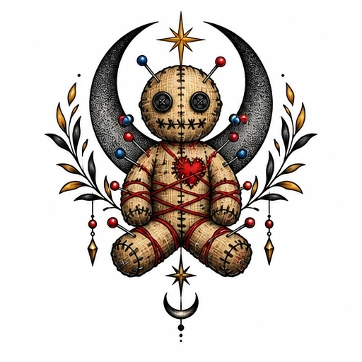 Tattoo design of a stitched voodoo doll with button eyes and a red heart, bound with red thread and pierced by pins, framed by a crescent moon, golden leaves, and stars.