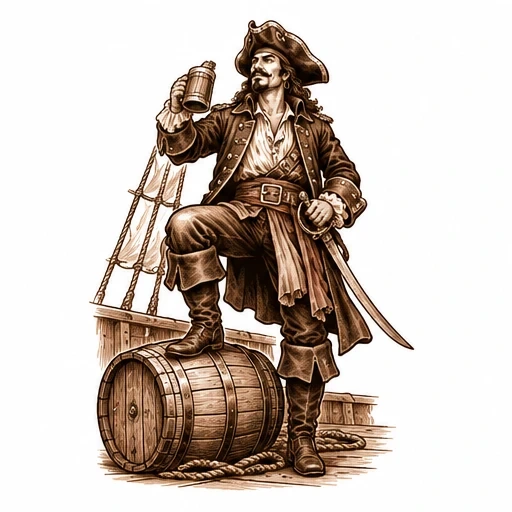 Sepia tattoo design of a pirate captain with hat holding a tankard and cutlass, standing on a barrel by ship ropes.