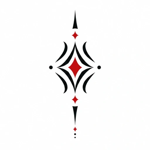 Symmetrical geometric tattoo design with black arches and red diamond shapes on white background.