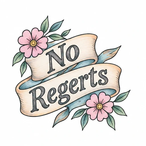 Tattoo design showing a beige ribbon with 'No Regerts' text, decorated with pink flowers and green leaves.