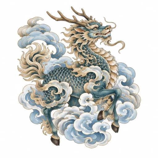 Japanese kirin mythical creature surrounded by stylized blue and white swirling clouds
