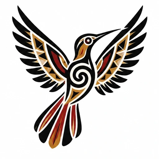 Taino tattoo design of a flying hummingbird with geometric tribal patterns in black, brown, beige, and red.