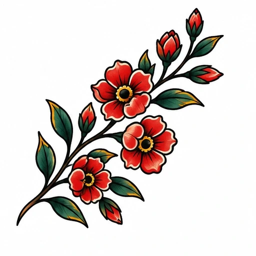 Tattoo of red flowers and green leaves on a curved stem with bold black outlines.