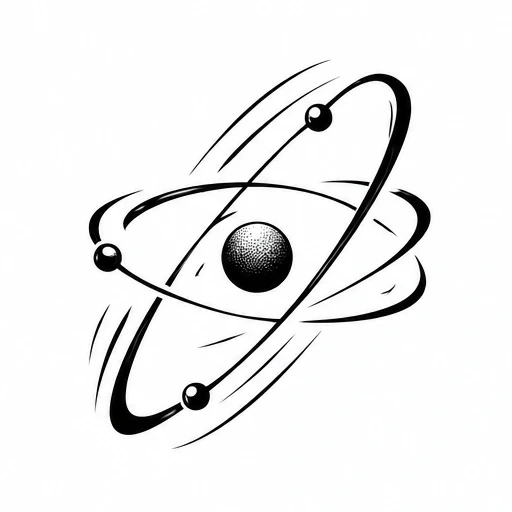 Black and white atom tattoo design with nucleus and three orbiting electrons
