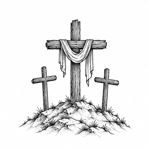 Black ink drawing of three wooden crosses on a rugged hill with cloth draped over the large central cross