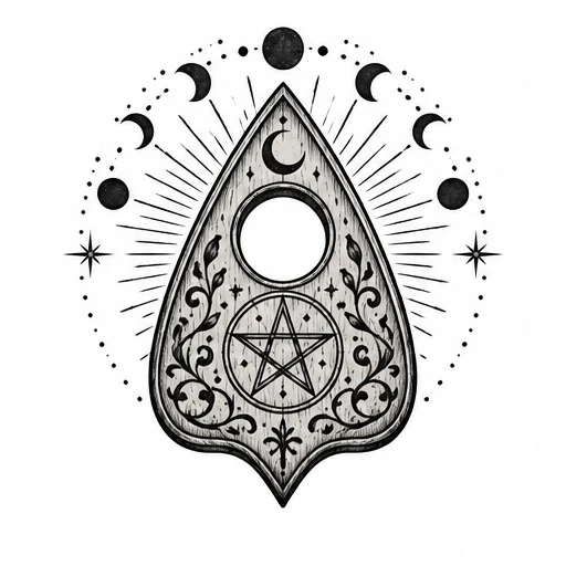 Black ink Ouija planchette with crescent moon, pentagram, floral vines and moon phase circle
