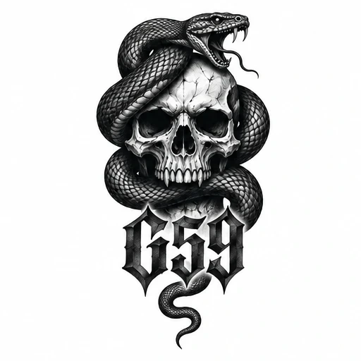 Black and grey tattoo design of a snake wrapped around a cracked skull with '659' gothic numbers below.