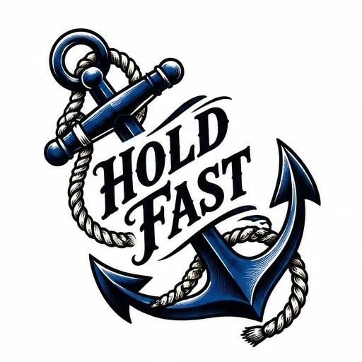 Blue traditional anchor entwined with rope and bold 'HOLD FAST' text