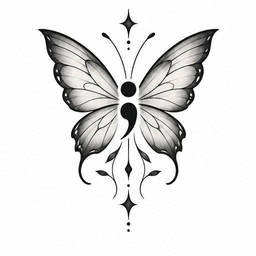 Black and gray butterfly tattoo design with semicolon body and decorative vertical flourishes.