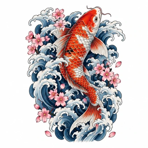 Japanese koi fish swimming amid blue ocean waves with pink cherry blossoms