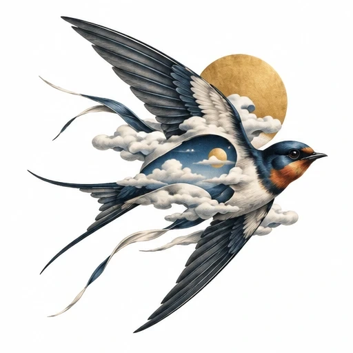Swallow bird with wings spread, body showing a cloudy sky with sun, golden circle behind head on white background.