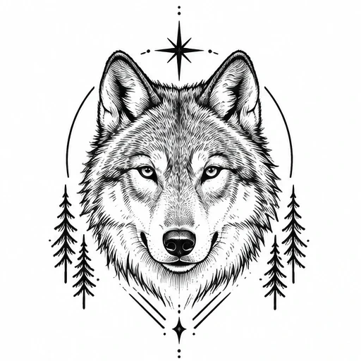 Black and white line drawing of a wolf head surrounded by pine trees and star symbols