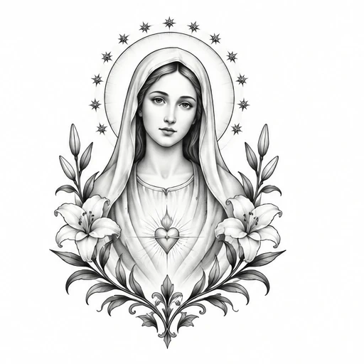 Grayscale illustration of Mother Mary with halo, lilies, and radiant heart