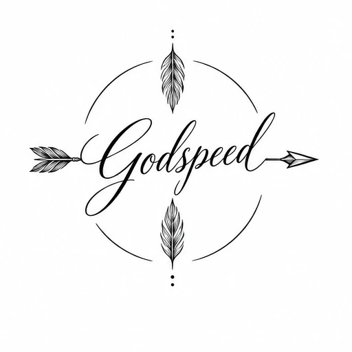 Black ink tattoo design with the word Godspeed in script surrounded by an arrow and feathers in a circular arrangement