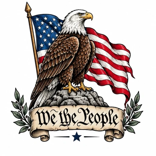 Bald eagle perched on rock with American flag waving behind, 'We the People' banner below, flanked by olive branches and a star