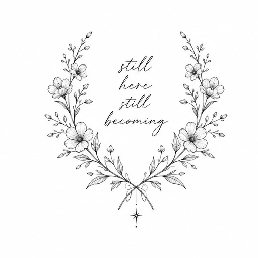 Black ink floral wreath with delicate flowers surrounding handwritten phrase 'still here still becoming'