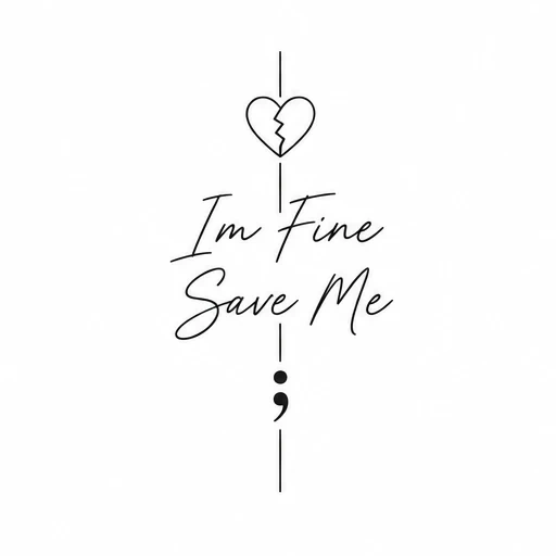 Minimalistic vertical tattoo design with a broken heart, text 'I'm Fine Save Me', and a semicolon.