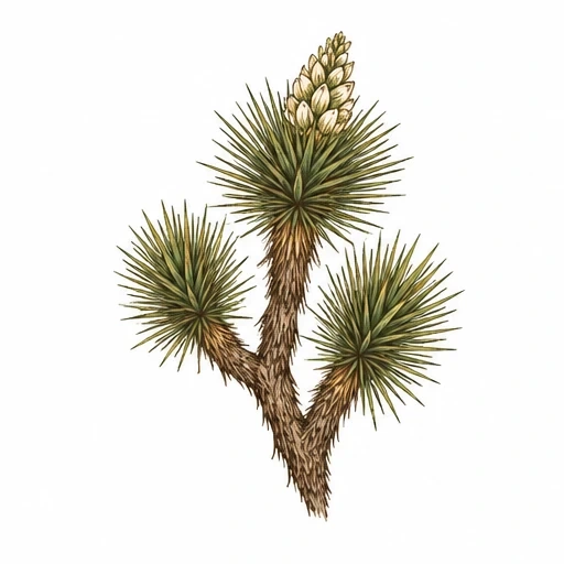 Illustration of a Joshua tree branch with green spiky leaves and cream flower buds