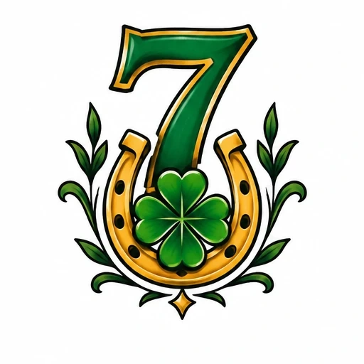 Lucky number 7 with golden horseshoe, four-leaf clover, and green leaves.