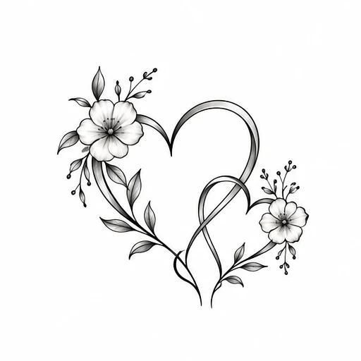 Black and gray fine line heart tattoo with two flowers and swirling vines