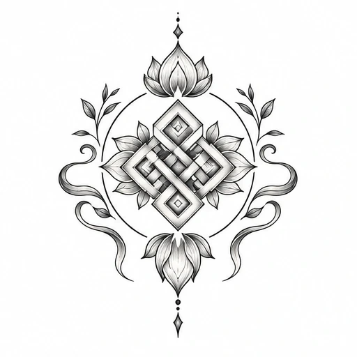 Black and grey karma endless knot tattoo with lotus petals, leaves, and ornamental ribbons