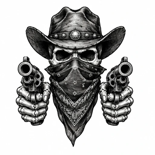 Black and grey tattoo design of a skull in a cowboy hat and bandana holding two revolvers pointing forward