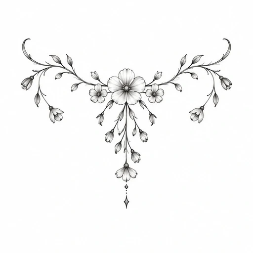 Symmetrical black and gray floral tattoo design with central flower, vines, leaves, and buds extending horizontally and downward