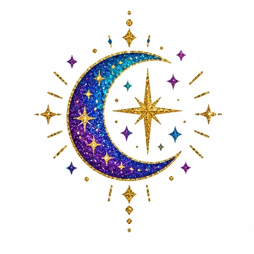 Glittery crescent moon with golden star and decorative sparkles in blue, purple, and gold