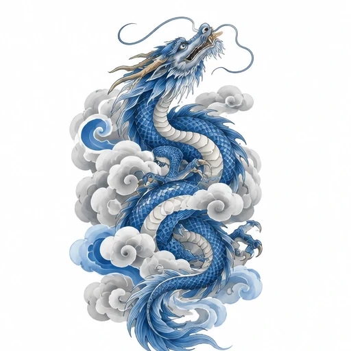 Blue Japanese dragon entwined with stylized gray and blue clouds in dynamic pose