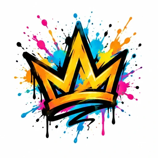 Graffiti crown with yellow and orange tones, surrounded by colorful blue, pink, orange, and black paint splashes and drips.