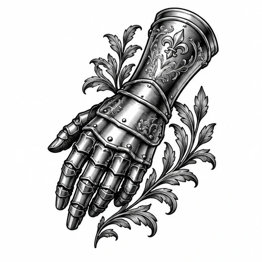 Black and gray detailed medieval armored gauntlet tattoo design with ornamental leaves and fleur-de-lis engravings.