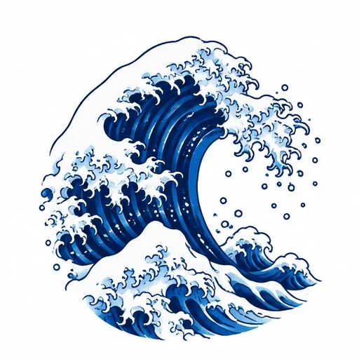 Japanese traditional styled indigo ocean wave crest with white foam
