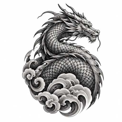 Black and grey tattoo design of a coiled dragon with detailed scales and swirling water waves