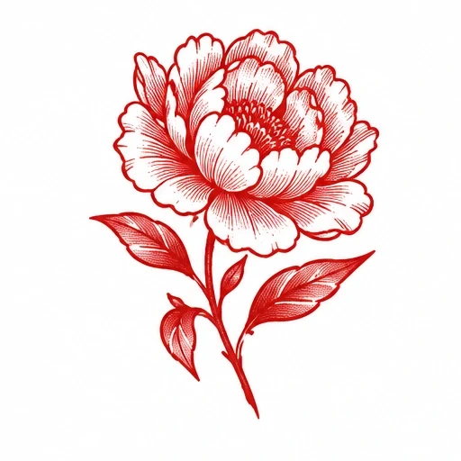 Red peony flower tattoo design with detailed shading and fine red lines