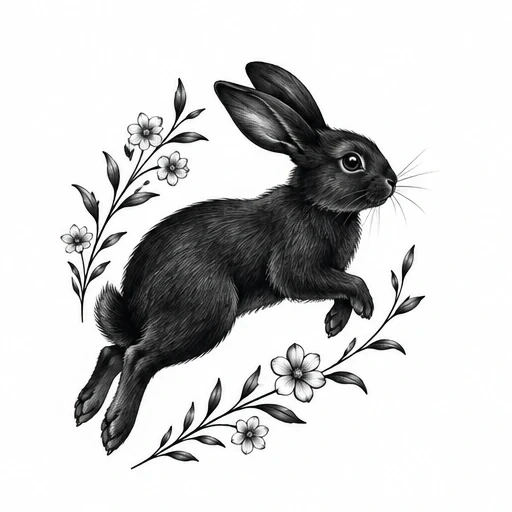 Black line art tattoo of a leaping black rabbit surrounded by flowers and leaves