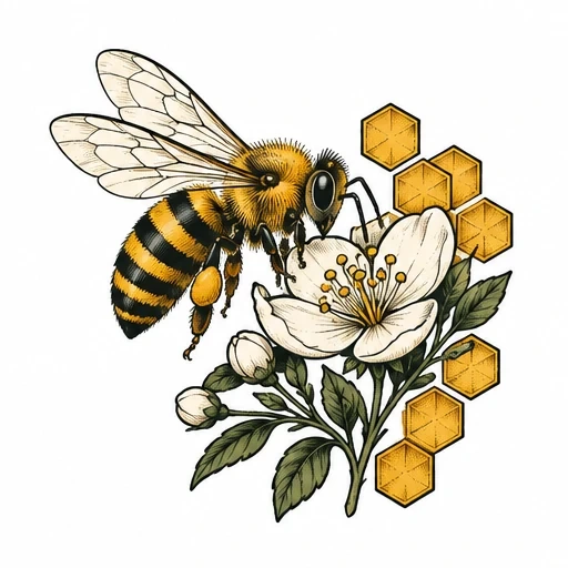 Vintage tattoo-style bee pollinating a white flower with surrounding honeycomb tiles and green leaves.