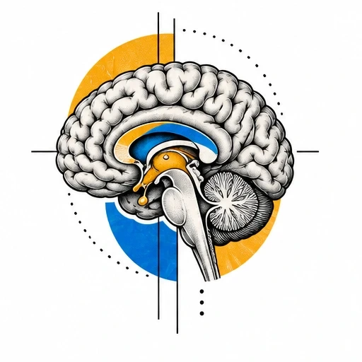 Anatomical brain cross-section tattoo with blue and orange geometric shapes and black linework